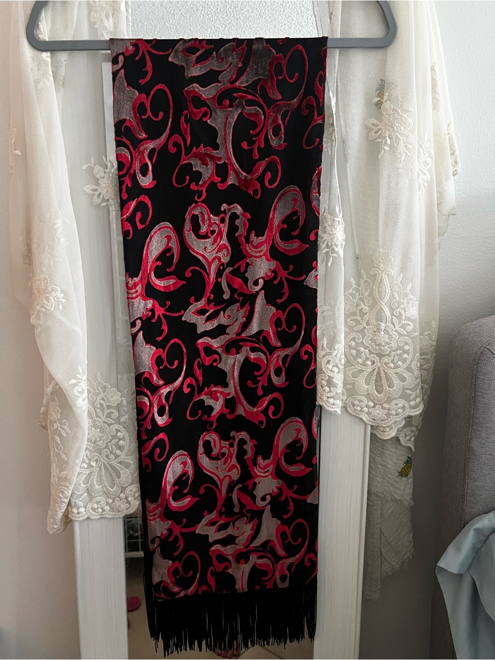 Black Velvet Scarf with Red and Silver Floral Scrolls